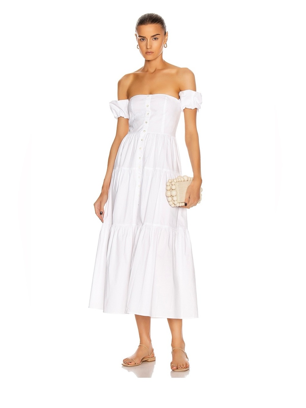 STAUD NWT WHITE ELIO DRESS Off-Shoulder Button-Front Tiered Dress - Sz 6